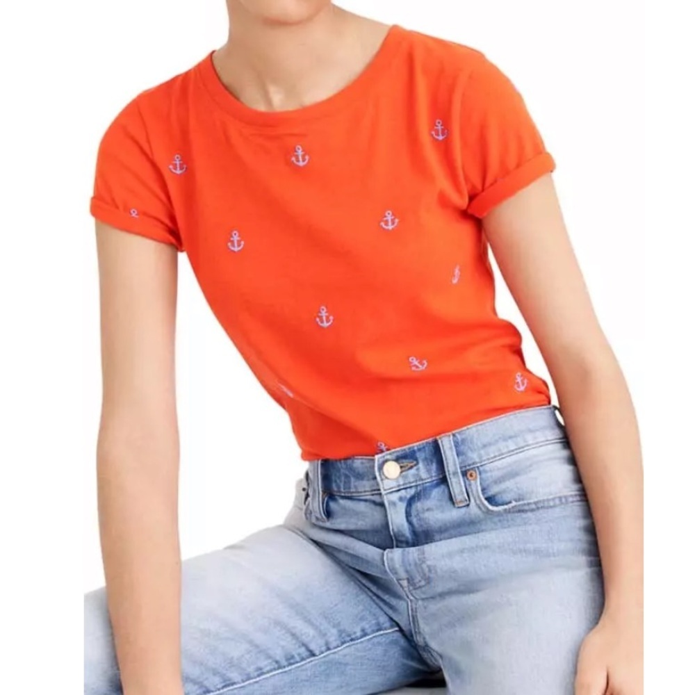 J Crew Summer Nautical Embroidered Anchors Short Sleeve Shirt